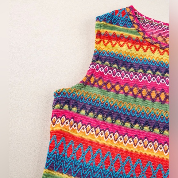 NWT Multicolored Ethnic Wavy Pattern Round Neck Sleeveless Tank Top S M L X L - Picture 11 of 13
